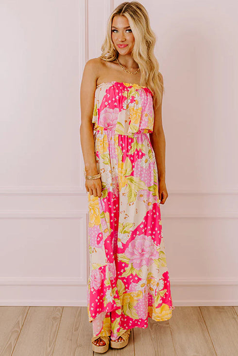 Multicolour Floral Print Ruffled High Waist Tube Top Loose Jumpsuit